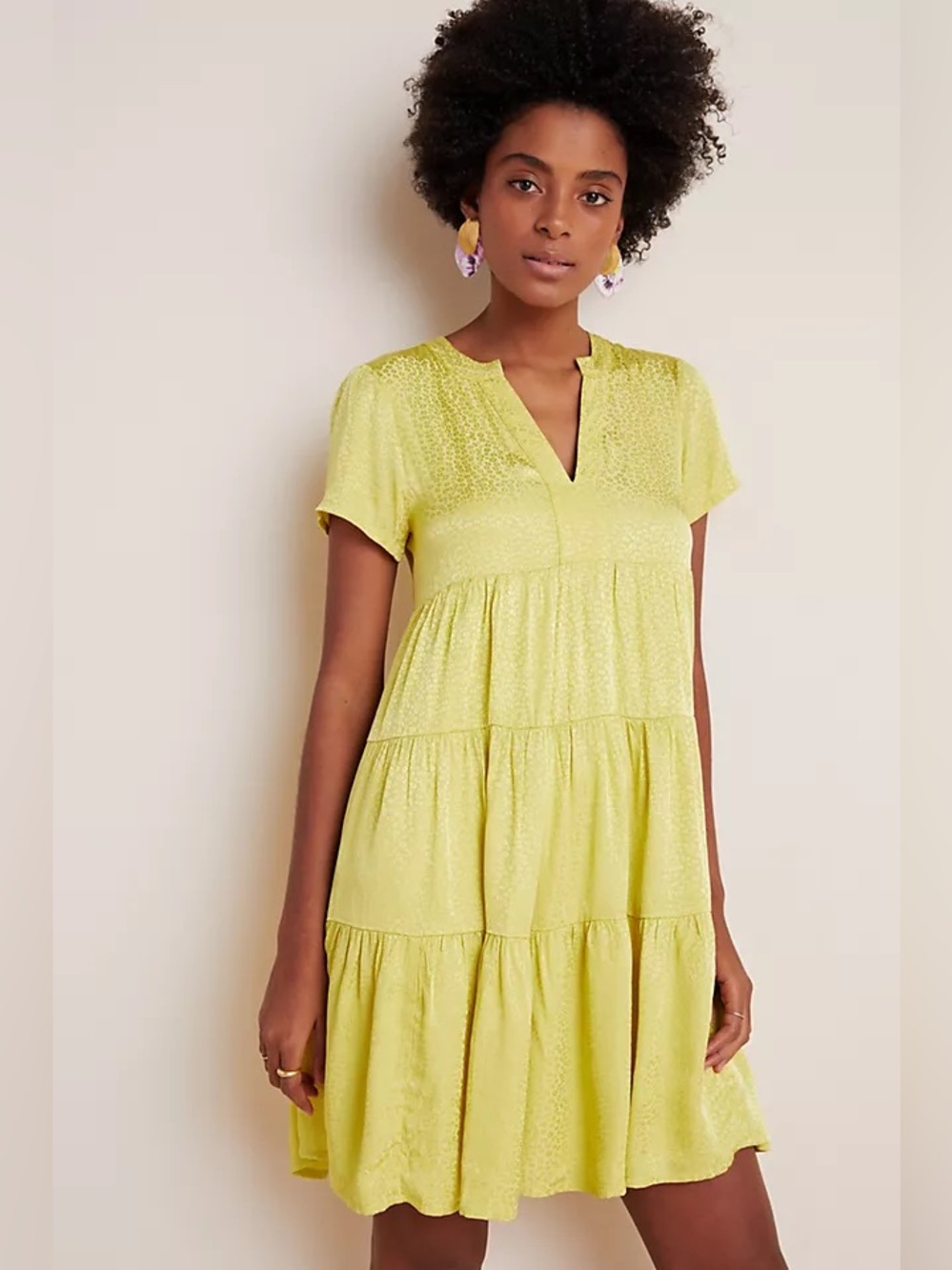 Anthropologie Maeve Sacha Chartreuse Green Jacquard Tiered Tunic Dress Sz XS